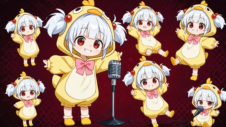 A woman singing into a microphone. Chibi, full body, cute girl, naughty smile, evil smile, yandere, silky shiny flowing platinum fluffy short pigtails and sideburns, wearing a cute puffy duck costume, pink bow tie, background is simple hot pink with variou...