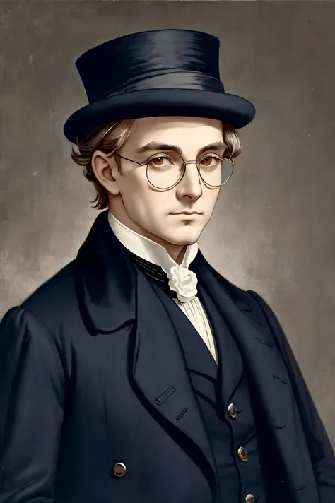 Aristocratic physician, 19th century, pale skin, Victorian coat, pince-nez glasses, vials, gothic elegance, bowler hat.