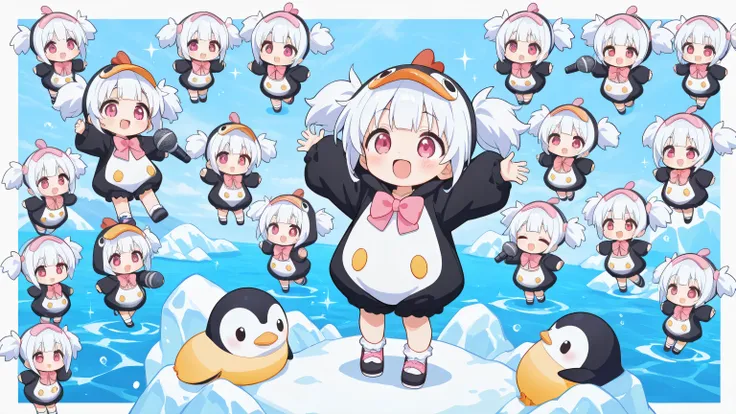 A woman singing into a microphone. Chibi, full body, cute girl, smile, fluffy short twin tails and sideburns in silky shiny flowing platinum, wearing a cute plump penguin costume, Pink Bow Tie, The background is an iceberg and ocean, masterpiece, Highest Q...