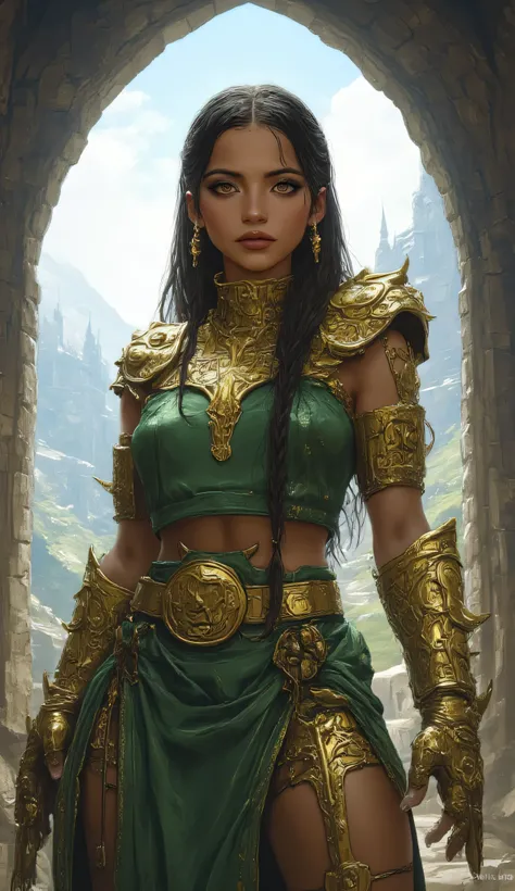 Isabela Merced as Jade, Mortal Kombat, highly detailed fantasy character, portrait, confident and strong warrior, standing, in front of a castle, long black braided hair, serene yet determined expression, wears a green tunic with ornate golden armor pieces...