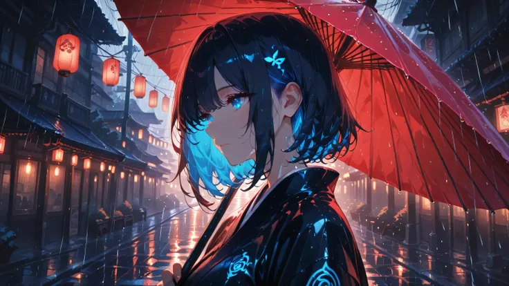 masterpiece, one girl, black medium hair, short cut, blue inner hair, asian, blue eyes, Anime style, a rainy street with glowing lanterns, standing close under a red traditional umbrella, romantic and warm atmosphere, portrait

