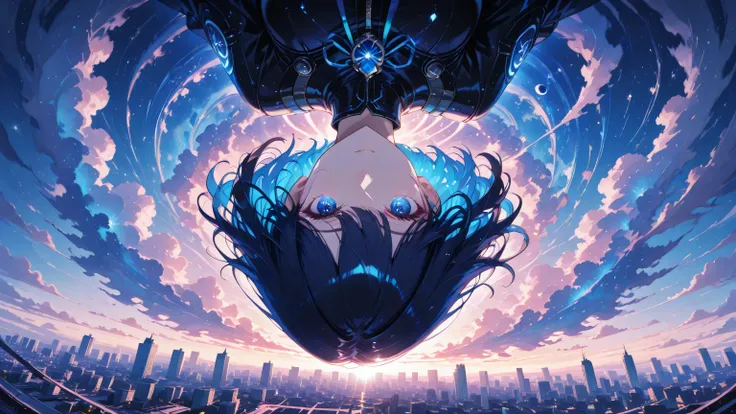 masterpiece, one girl, black medium hair, short cut, blue inner hair, asian, blue eyes, A surreal upside-down city where the sky is on the ground, the girl is upside-down, dreamlike colors, mysterious, detailed illustration, dramatic perspective, portrait,...