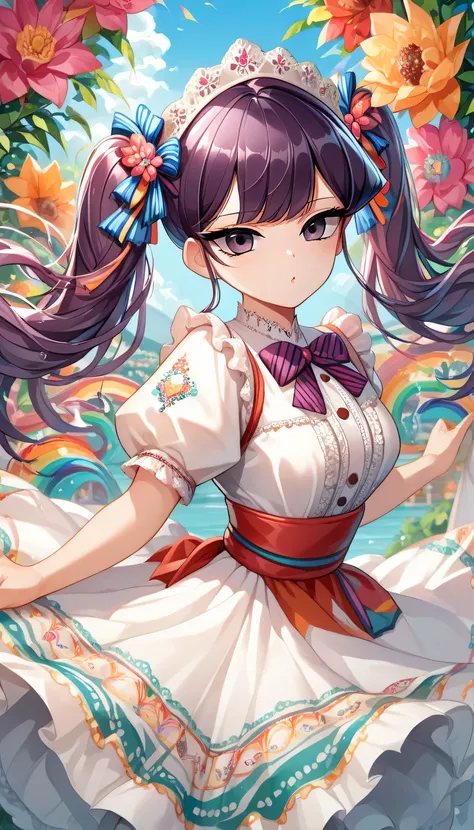 Komi Shouko with pigtails, purple hair, purple eyes, MexClothes hair ornament, flower, white dress, frills, traditional clothes, ribbon, puffy sleeves, multicolored clothes, colorful clothes, outdoors, mexican downtown background, sunset
