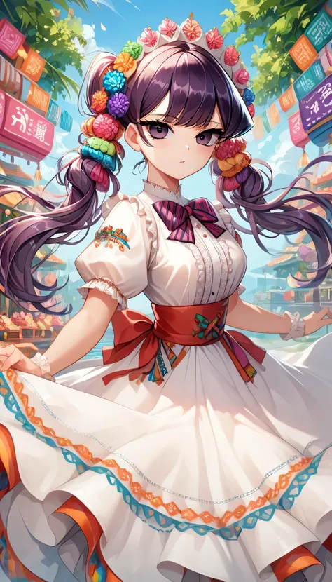 Komi Shouko with pigtails, purple hair, purple eyes, MexClothes hair ornament, flower, white dress, frills, traditional clothes, ribbon, puffy sleeves, multicolored clothes, colorful clothes, outdoors, mexican downtown background, sunset