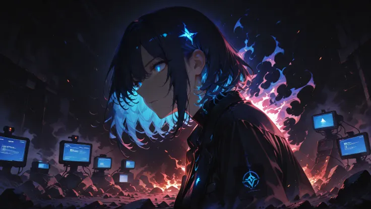 masterpiece, one girl, black medium hair, short cut, blue inner hair, asian, blue eyes, in a dark void with a glowing heart of fire, surrounded by broken medical monitors, rock-style dramatic atmosphere, intense lighting, powerful and emotional illustratio...