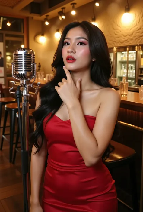 A stunning Indonesian female singer performing in an upscale bar, beautiful black long flowing hair, proportional curvy figure, wearing a glamorous red evening gown that accentuates her curves, standing confidently at a vintage microphone, warm ambient lig...