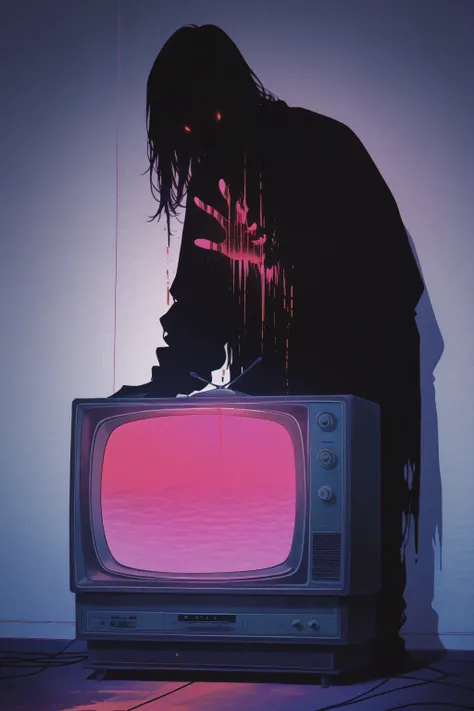 2D digital illustration of a retro vintage television set with glowing static screen, inside the static a dark creepy shadow figure reaching forward as if trying to escape, red glitch streaks and distorted vaporwave aesthetic, eerie retro-horror style, pla...