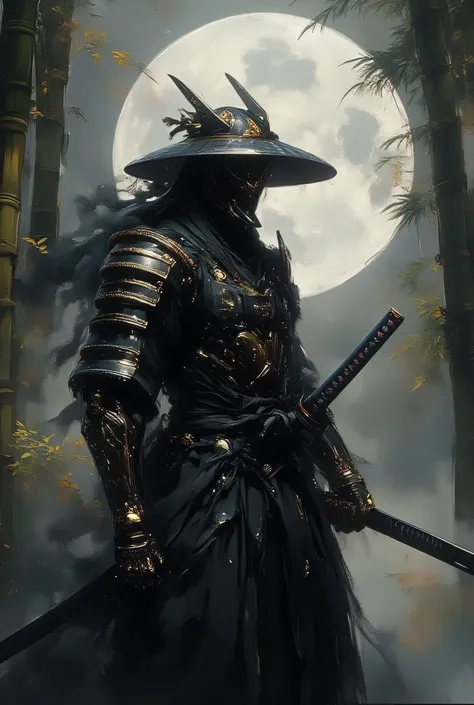 A samurai, the honorary guardian of the Sengoku period, stands gracefully in the ancient bamboo forest, wearing Kito-Gusari armor, in black, and adorned with Maki gold, reflecting the full moon like a spirit mirror, in a Tamahang steel Katana mobile. A tho...