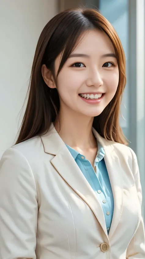 Neat Young Woman、looking at the camera、office lady suit、jacket、shirt、薄い茶髪、 、前髪あり、、smile showing teeth、bust up shot、The background is office