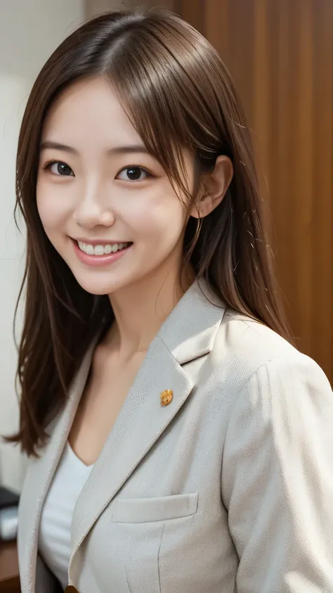 Neat Young Woman、looking at the camera、office lady suit、jacket、shirt、髪型ボブヘア、薄い茶髪、 、前髪あり、、smile showing teeth、bust up shot、The background is office
