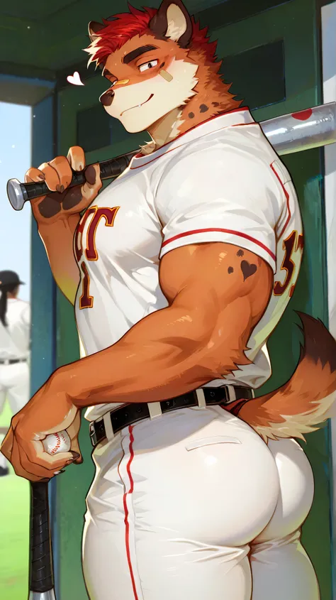  solo, with excitement, Smile, short hair, shirt, 1 boy, Hold, animal ears, Tail, butt, Male Focus, Heart, Thighs,  solo focus,  belt , Pants, behind, muscular, Misaligned fingers, thick Thighs, Chest, muscular male, 's only, Furry, ball, sportswear, white...