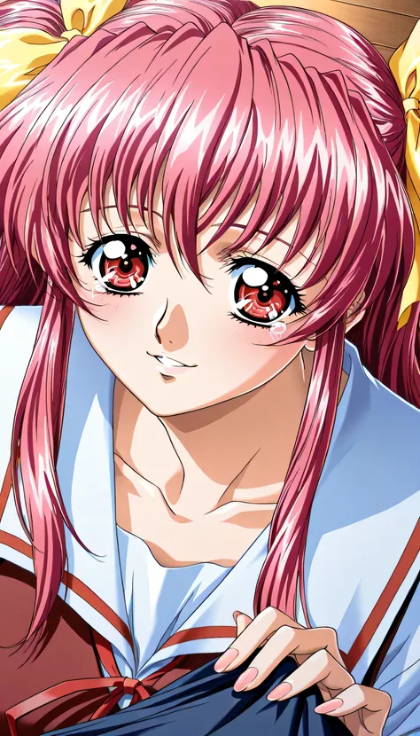 (Yokota Mamoru style),1 Girl,staring at viewers,Charming Smile,(portrait :1.4),masterpiece,Highest Quality, Kitsuneisaku, 1girl, Anime Coloring, solo, twin tails, long hair, pink hair, hair bow, yellow bow, long hair, red eyes, School Uniform, plaid skirt,...