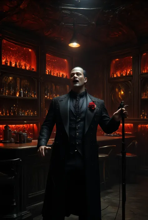 Haunting nightclub atmosphere, Count Dracula in regal formal wear, passionately singing with microphone, fangs exposed, gothic bar interior with blood-red glowing bottles, seductive vampire waitress behind counter, pale skin and gothic sexy outfit, vampire...