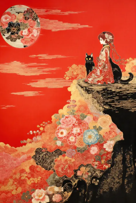 Ponyo and the black cat Gigi stand on a cliff with the sunset in the background、painting style painted in red and black ink、digital art、Highest Quality、high image quality、masterpiece