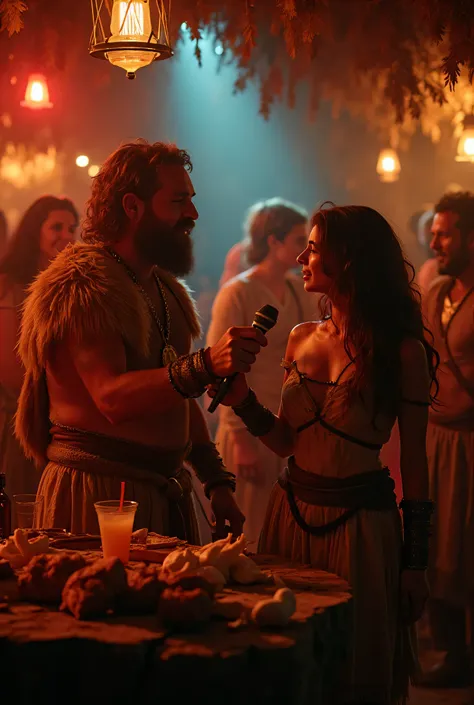 furchan,perfection style, In a Stone Age bar, dressed in Stone Age fashion, a Stone Age man is singing his heart out, mesmerizing a Stone Age woman. The venue is decorated with colorful lights like a Stone Age cave, drinks are served in stone cups, and bar...