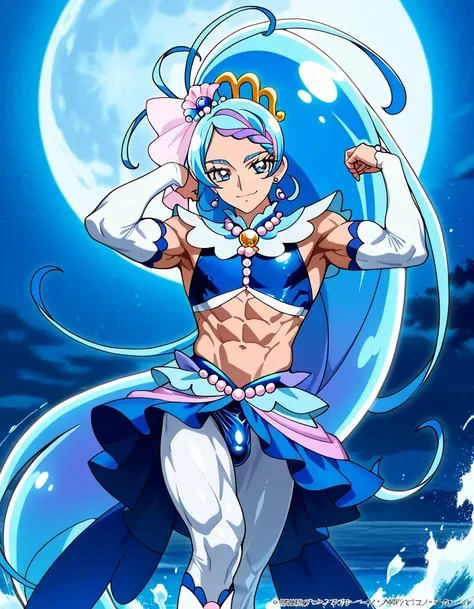 score 9 , score 8 up, score 7 up, source anime, masterpiece, Best quality, Best resolution, Best image quality, anime coloring, anime screencap, anime screenshot, 1boy, cure mermaid is a male, man wearing a long wig with royal blue crop top dress, solo, lo...