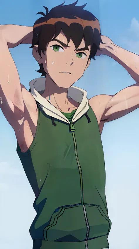 Highres, Masterpiece, Best quality at best,Best Quality,hight quality, hight detailed, 1boy, bentennyson, green eyes, Sleeveless hoodie, Sweat, (showing armpit:1.3), upper body, the day, summer