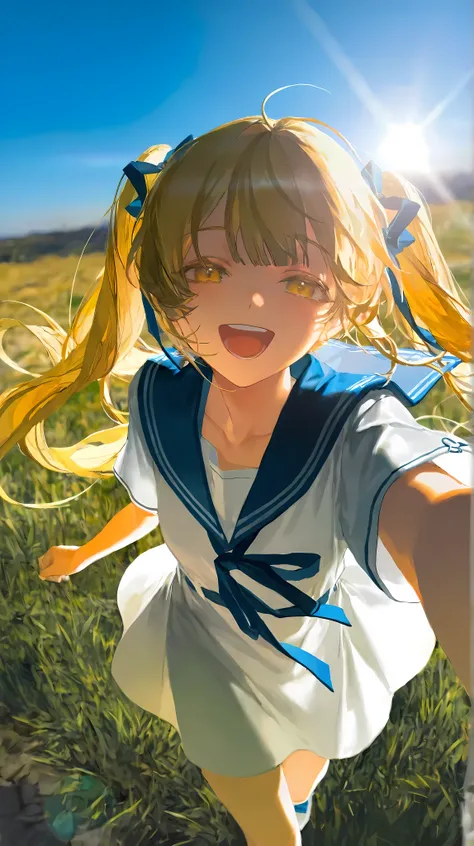 yoyi,(yellow eyes,tareme,laughing,open mouth,happy,joyful,innocent),(yellow hair,long hair,twintails),sailor dress,highres,absurdres,incredibly absurdres,very awa,masterpiece,best quality,amazing quality,absurdres,in the style of fashion photography,strong...