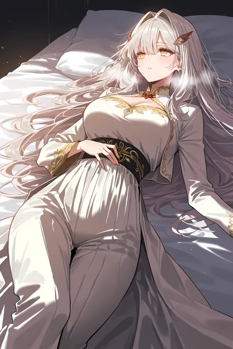 score_9, score_8_up, score_7_up, masterpiece, best quality, very aesthetic, absurdres, tunning image, attractive image, 1girl, adult grown woman, solo, RonovaGI, 1girl, solo, curvy body, pale skin, white hair, long hair, hair clips, bangs, thick hair, gold...