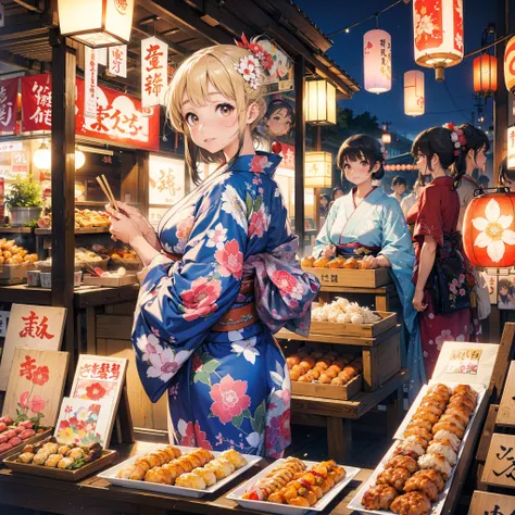 A beautiful girl in a Japanese festival, wearing a yukata, shopping at a crowded stall, Delicious street food, ultra-detailed, highly intricate illustration, best quality, 16K, UHD, lively atmosphere, many people