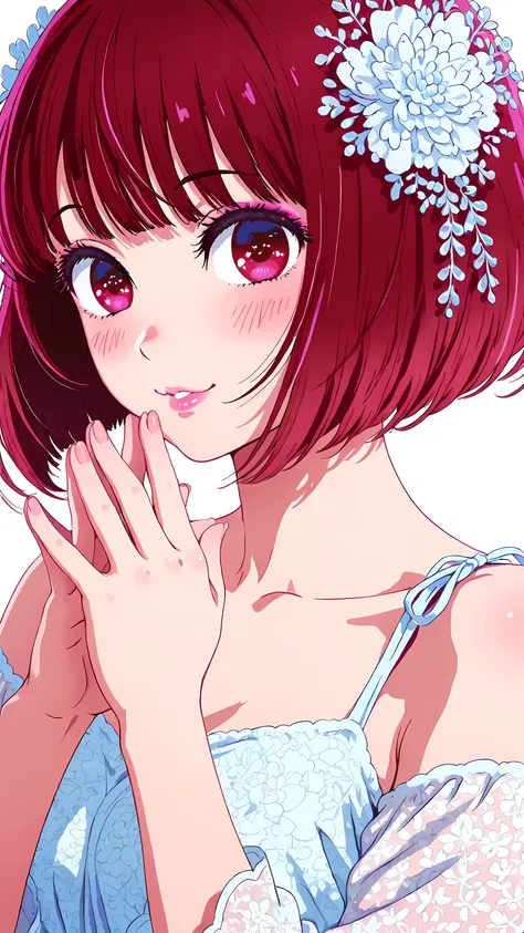 A 4K masterpiece, ultra-high resolution, 9:16 portrait, soft pastel color palette, delicate anime illustration.

Kana Arima from Oshi no Ko presents a romantic pastel aesthetic.

A medium close-up shows part of her shoulders and chest, with more context of...