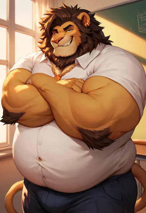 Anthropomorphic, male, lion, obese, school bully, wearing punky outfits, golden necklace, leaning on the wall, crossed arms, flirting eyes, background (high school classroom), round and big belly.