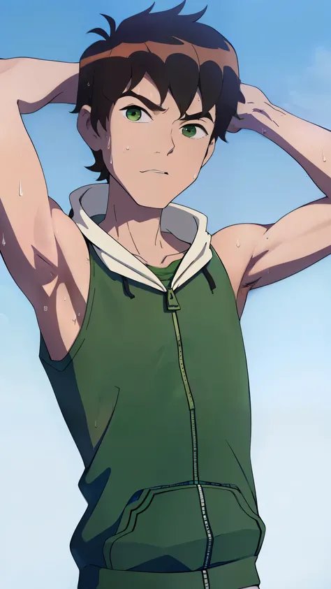 Highres, masterpiece, Better quality to the best,better quality,high quality, granulate, a boy, Bentenyson, green eyes, sleeveless sweatshirt, sweat, (showing armpit:1.3), upper body, The day , summer