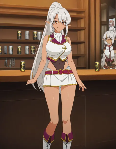 I'm in front of the bar counter,Alone，I'm looking at me from the front，Smile Yang，can you draw me a slightly longer miniskirt，front flag patch,can you draw a woman looking at me and smiling,woman standing，Inside the building，silvery long hair, ponytail hai...