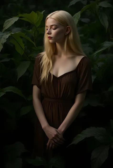 A skinny girl with pointed ears stands amidst a lush, shadowy forest. The ambient lighting casts a mysterious, ethereal glow, highlighting her long, blond hair that cascades over her shoulder in gentle waves. The subject appears to be an elf, a mythical ch...