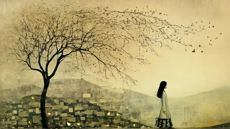 layered, a woman walking trought her memories, represented with a background texturized with decoupage, caligraphy, letters, whimsy mood, moody colors by Catrin Welz-Stein and Chiho Aoshima