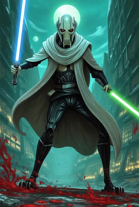 (top-masterpiece:1.2,EXCEPTIONAL high-QUALITY ,Mirror finish, Cinematic Experience, best illustration ),8k,16k,(wallpaper),General Grievous from star wars, General Grievous, sharp digital painting, complex fluid , Concept work, lightsaber,( dynamic swordsm...