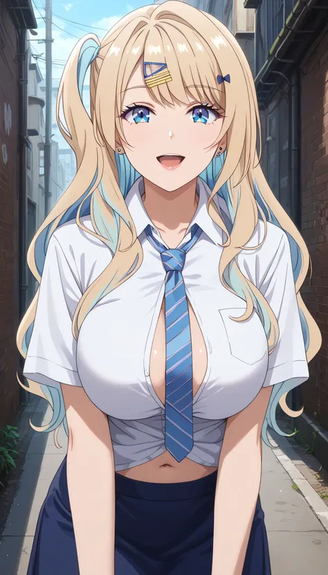 luna shirakawa, 1girl, long hair, solo, blue skirt, blonde hair, hair ornament, bow, multicolored hair, hairclip, ear piercing, open clothes, necktie, huge breasts, facing viewer, midnight, dark alley way background, open shirt, blue eyes, shiny, open mout...