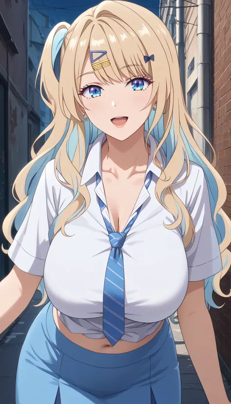 luna shirakawa, 1girl, long hair, solo, blue skirt, blonde hair, hair ornament, bow, multicolored hair, hairclip, ear piercing, open clothes, necktie, huge breasts, facing viewer, midnight, dark alley way background, open shirt, unbottened shirt, blue eyes...
