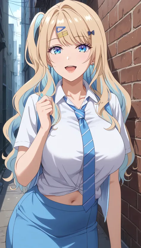 luna shirakawa, 1girl, long hair, solo, blue skirt, blonde hair, hair ornament, bow, multicolored hair, hairclip, ear piercing, open clothes, necktie, huge breasts, facing viewer, midnight, dark alley way background, open shirt, unbottened shirt, blue eyes...