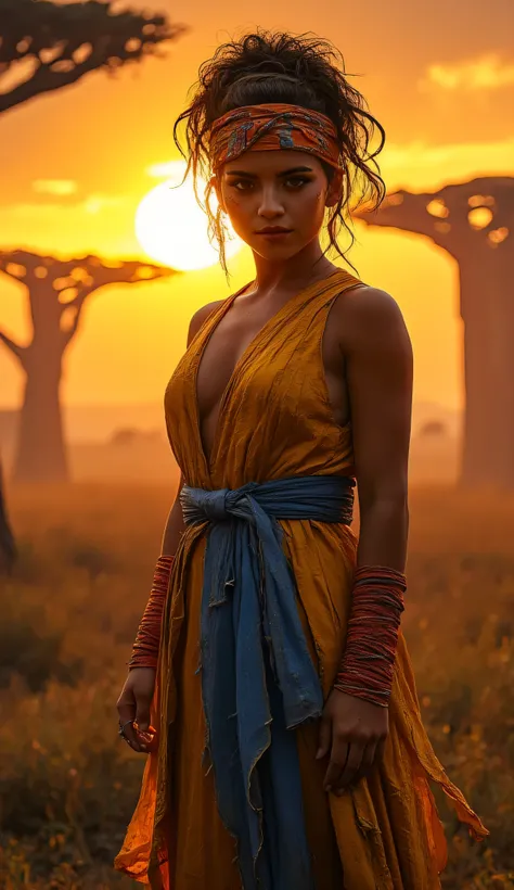 Isabela Merced as Miary Zo, Tekken, powerful warrior, standing, dramatic sunset landscape of Madagascar, surrounded by towering baobab trees, athletic build, wears torn yellow martial arts tunic with a blue sash tied around her waist, fists are wrapped wit...