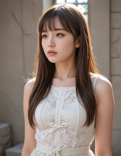 (Photorealistic: 1.4), (Hyperrealistic: 1.4), Portrait photography, Close-up face, (Professional cinematic lighting, key light, fill light, backlight), Masterpiece, Ultra high resolution, 8K, One beautiful Japanese girl, looking away, brown eyes, She has a...