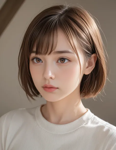 (Photorealistic: 1.4), (Hyperrealistic: 1.4), Portrait photography, Close-up face, (Professional cinematic lighting, key light, fill light, backlight), Masterpiece, Ultra high resolution, 8K, One beautiful Japanese girl, looking away, brown eyes, She has a...