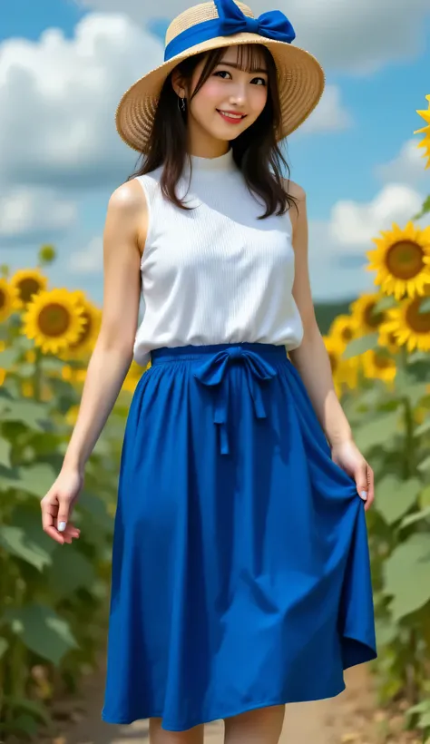 masterpiece、Highest Quality、detail expression、balanced configuration、8k、very realistic style、Anatomically Accurate Hands and Fingers、well-balanced natural skeleton、full body portrait、 A Beautiful Woman Standing in a Sunflower Field Expanding Under the Blue...