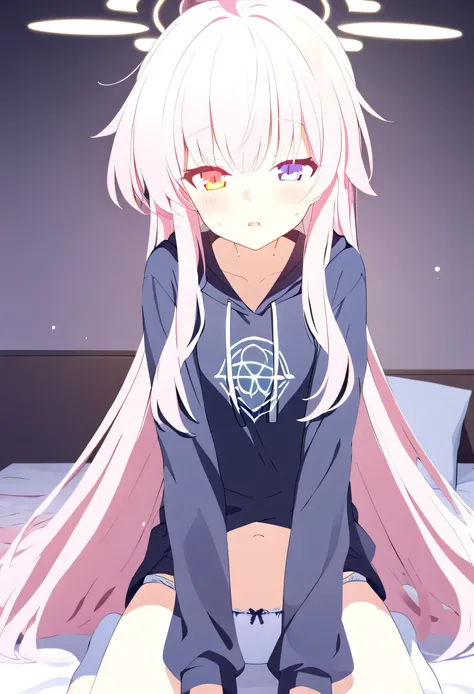 only one girl ，粉色 hair,   long hair,  （ Golden eyes :1.5), (   大大的Chest  :1.2)，
underwear, Thighs,  White_underwear,underwear，  black sweatshirt ，Long_hair, Chest，Your pajamas won't be able to fasten when your arms stick out ， Bare Belly，  close your eyes ...