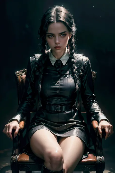 Wednesday Addams, dark stormy night, full body:1, sitting on a chair, boots, closeup, pale face,  ((Masterpiece)), (high resolution:1.4),(Wednesday Addams) looking at viewer, highly detailed skin, skin pores, (highly detailed face:1.1), (highly detailed ey...