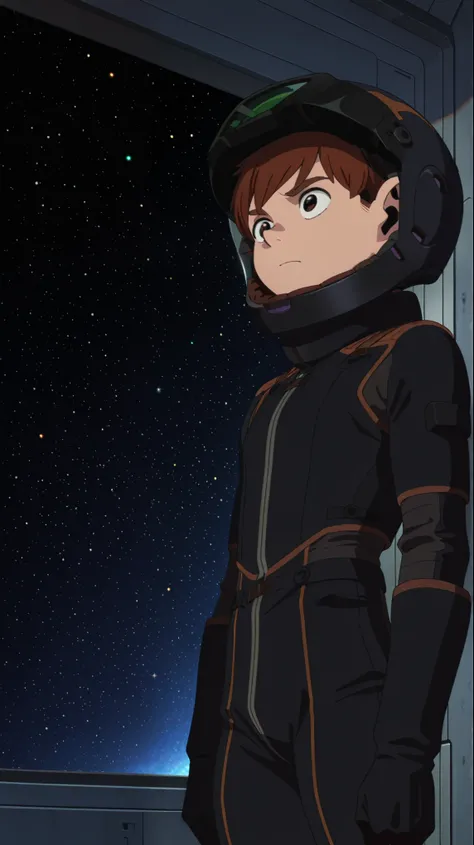 Score_9, score_8_up, score_7_up,masterpiece, best quality, amazing quality ,chilchuck tims, boy,  singleboy, 1boy, brown eyes, chilchuck face, very detailed, pilot helmet, color lens, pilotsuit,standing, white backround, space station, indoor, simple backr...