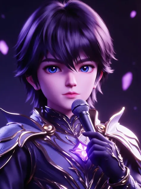 CGI rendering: 3D chibi version of a handsome young man with pale skin and medium-length dark purple hair, wearing ornate black and violet armor with dragon-themed shoulder plates, glowing amethyst accents, and sharp claw-like gauntlets. A luminous purple ...