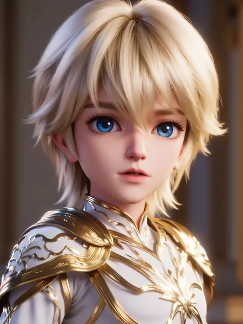 CGI rendering: 3D chibi version of a handsome young man with big blue eyes and shaggy blond hair, wearing ornate white clothes with gold armor and shoulder plates. He is speaking or answering a question. Highly detailed, anime-style chibi proportions, big...