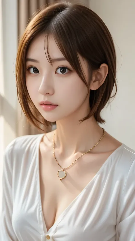Neat Young Woman、looking at the camera、long sleeve blouse、necklace、hairstyle shortcut、brown hair、Close-up background of a face in a room