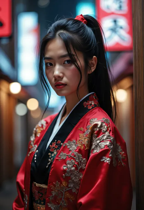 sukajan, Professional photography, portrait of a woman wearing green jacket and jeans, black hair, ponytail hair with red ribbon, neon city in background, bokeh, depth of field 