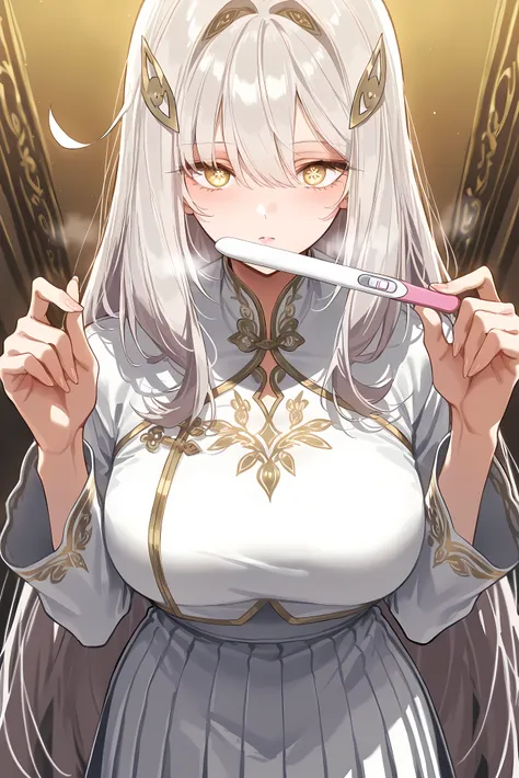 score_9, score_8_up, score_7_up, masterpiece, best quality, very aesthetic, absurdres, tunning image, attractive image, 1girl, adult grown woman, solo, RonovaGI, 1girl, solo, curvy body, pale skin, white hair, long hair, hair clips, bangs, thick hair, gold...