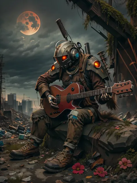 wasteland,(A very poor old mech sitting on a rock playing guitar:1.3),(the guitar player),(Sitting:1.2),rust,Wearing tattered armor,The skyline in the distance,Gothic,moss,(A small white flower),(Cemetery),Gothic教堂,(Blood red moon),Gothic元素,wildfires,cold,...