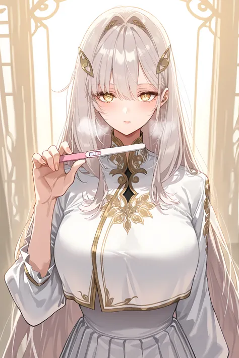 score_9, score_8_up, score_7_up, masterpiece, best quality, very aesthetic, absurdres, tunning image, attractive image, 1girl, adult grown woman, solo, RonovaGI, 1girl, solo, curvy body, pale skin, white hair, long hair, hair clips, bangs, thick hair, gold...