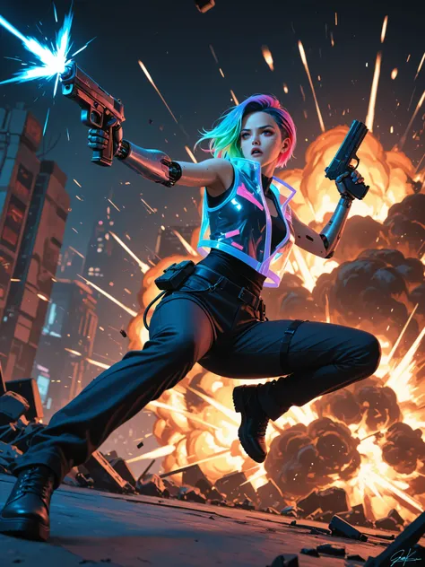 cyberpunk, a women , dynamic position, transparent vest, pant, robotic arms, punk colored hair, pistol, action, firing, crouch, explosion, cyberpunk factory in background, signature "I&V"