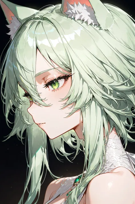 1 beautiful woman, dress, light green hair, green eyes, cat ears, half close up, masterpiece, best quality, top quality, very aethetic, highly detil, breathtaking detailed, absurd,  newest, 16K